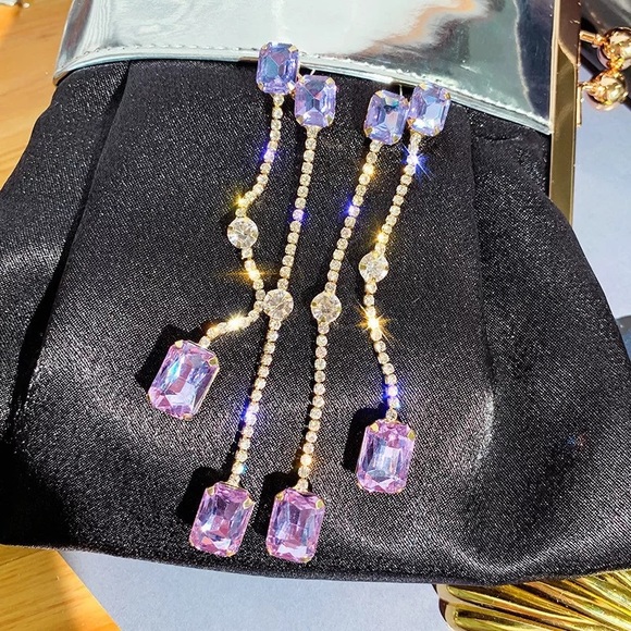 Purple Square Crystal Tassel Drop Earrings - Picture 3 of 4